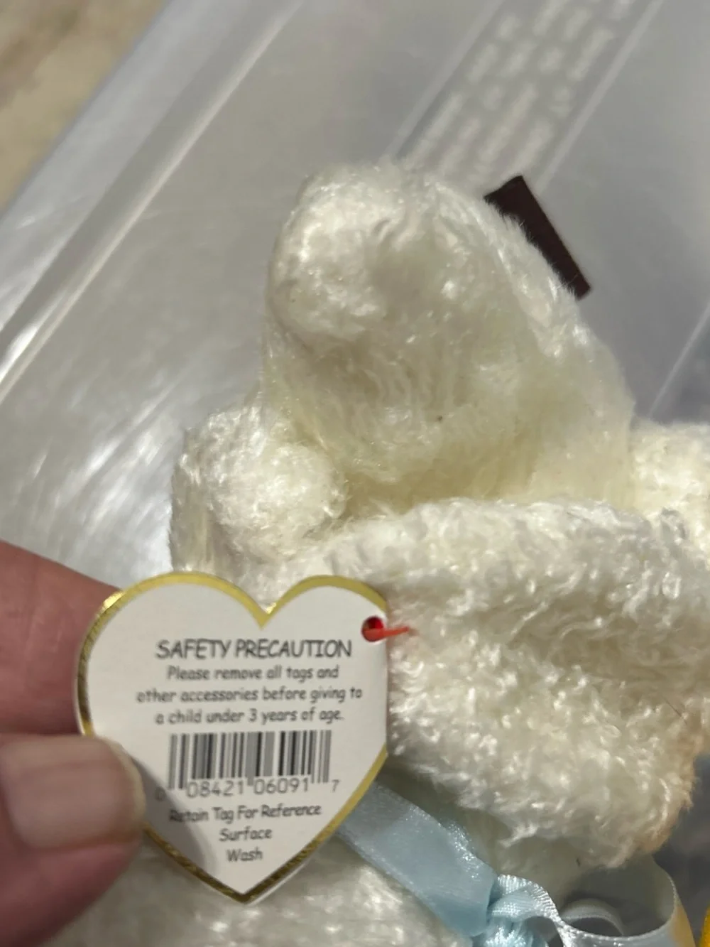 Ty White Plush Duck with Yellow Beak & Feet and Blue Ribbon